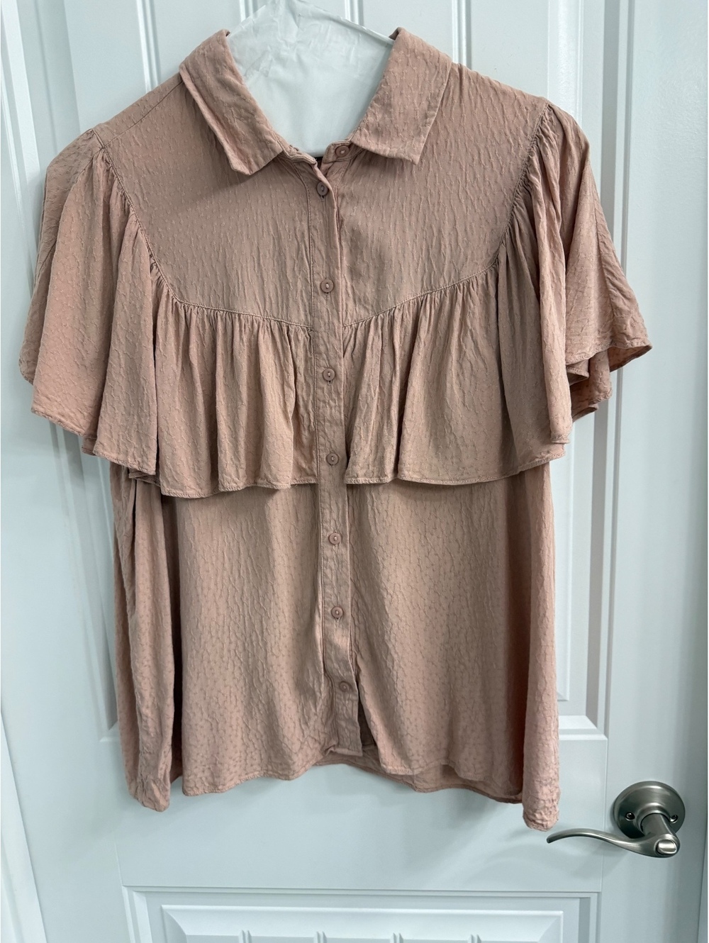 Downeast Pink Textured Button-Up Blouse with Ruffle Detail